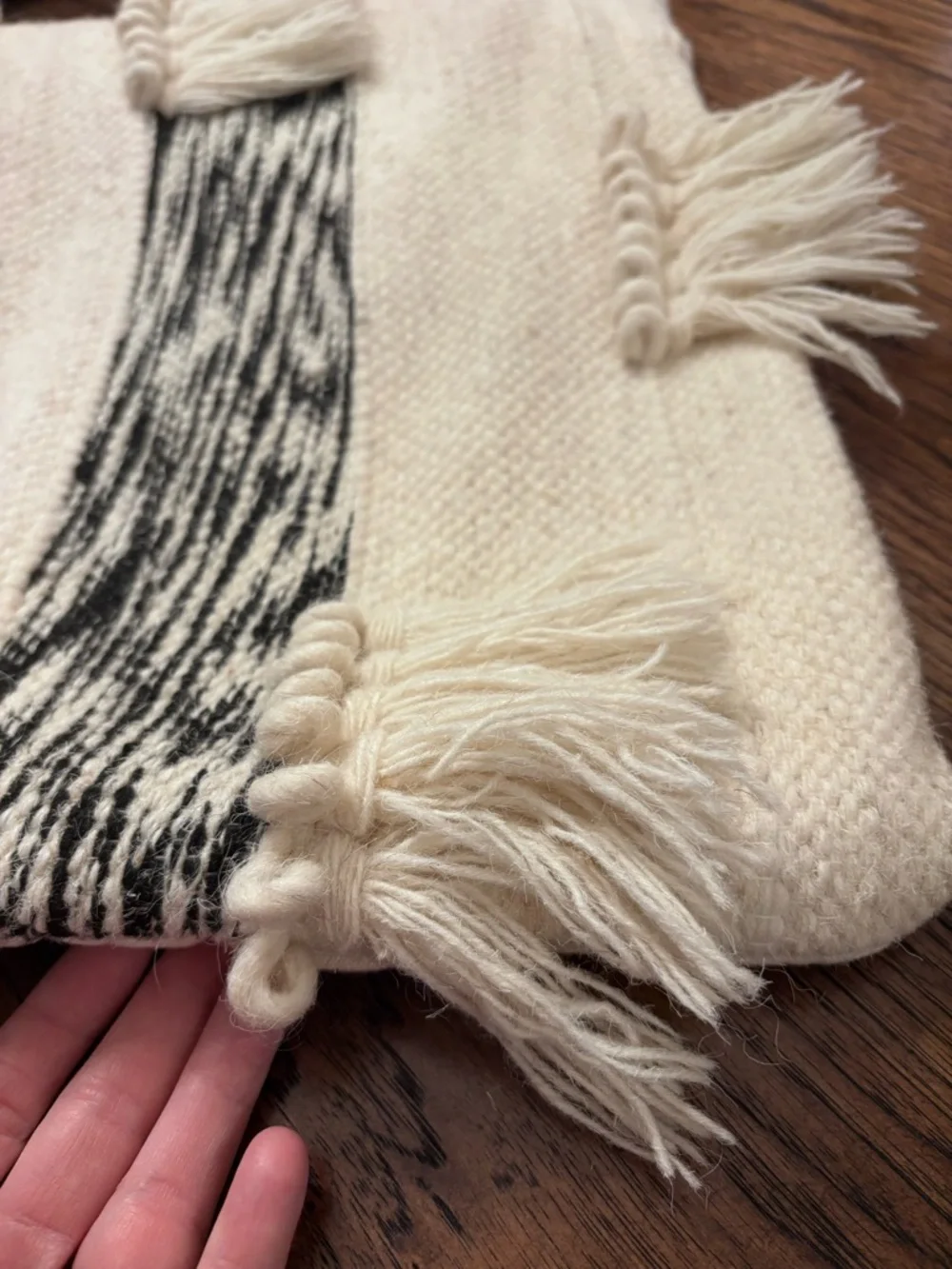 Modern Southwest Wool Pillow Cover 17x17 Black Cream Textured Tassel Boho Zip